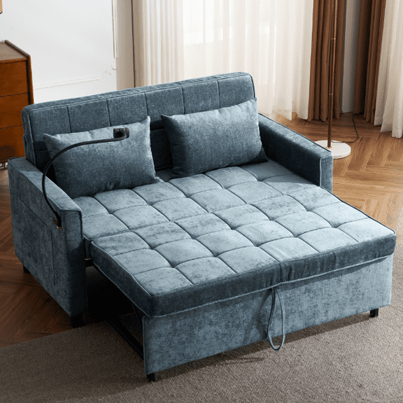 Euroco 56.9" Loveseat Sofa Pull-out Sofa Bed Sleeper Sofa with a Reversible Backrest Cushion, Side Pockets, Two USB Ports and a Phone Holder for Living Room