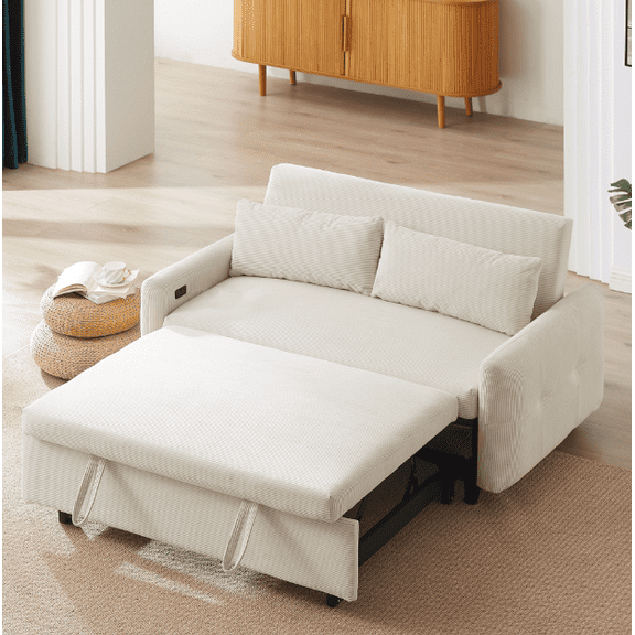 Euroco 57.48" Pull-out Sofa Bed Convertible Couch 2 Seat Loveseat Sofa Modern Sleeper Sofa with Two Throw Pillows and USB Ports for Living Room, Beige