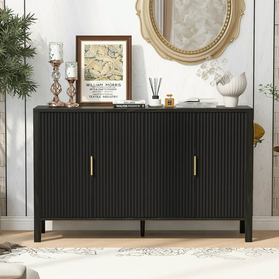 Euroco 57.5" Sideboard Buffet Cabinet with Storage, Modern Coffee Bar Cabinet with Adjustable Shelves, Aluminum Handles,Back-of-Door Storage Racks & Side Hooks for Living Room,Dining Room,Black