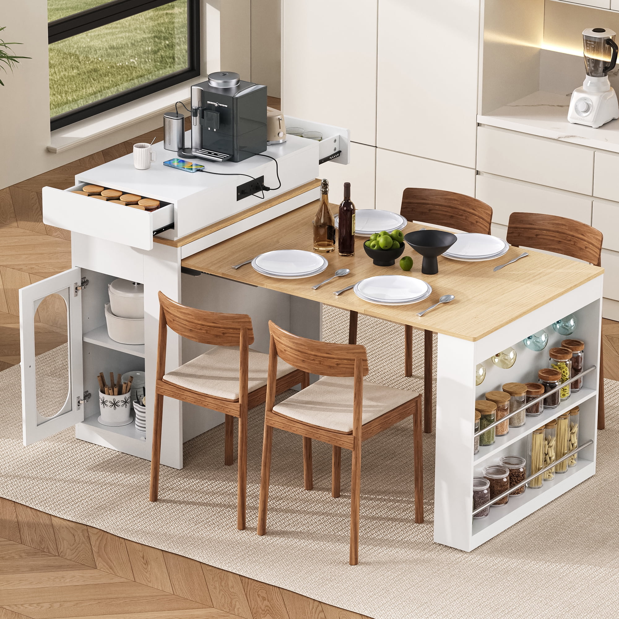 Euroco 57.7" Kitchen Island with Extendable Dining Table for 4,Rolling ...