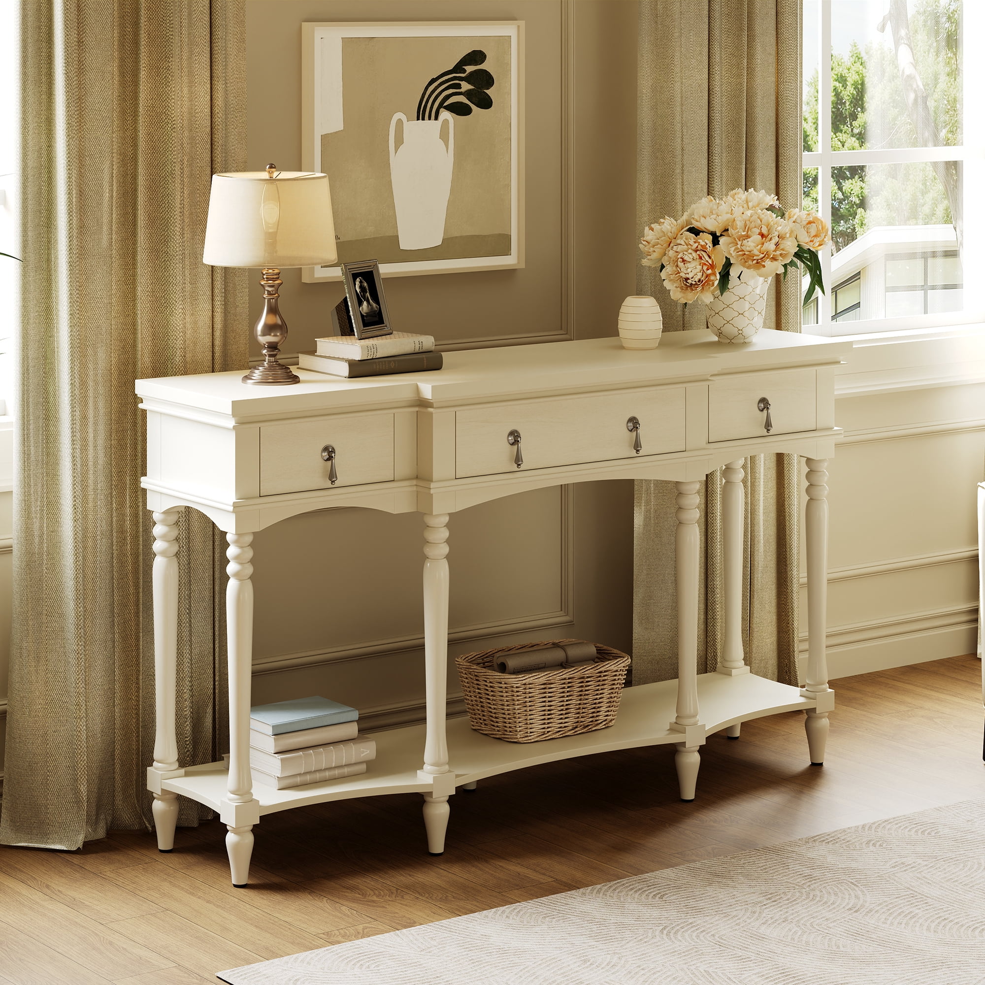 Euroco 57.8" Console Table with 3 Drawers, Narrow Long Sofa Table with Bottom Storage Shelf & Turned Roman Legs, Entryway Table for Living Room, Hallway,White