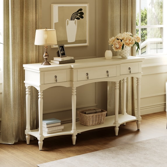 Euroco 57.8" Console Table with 3 Drawers, Narrow Long Sofa Table with Bottom Storage Shelf & Turned Roman Legs, Entryway Table for Living Room, Hallway,White
