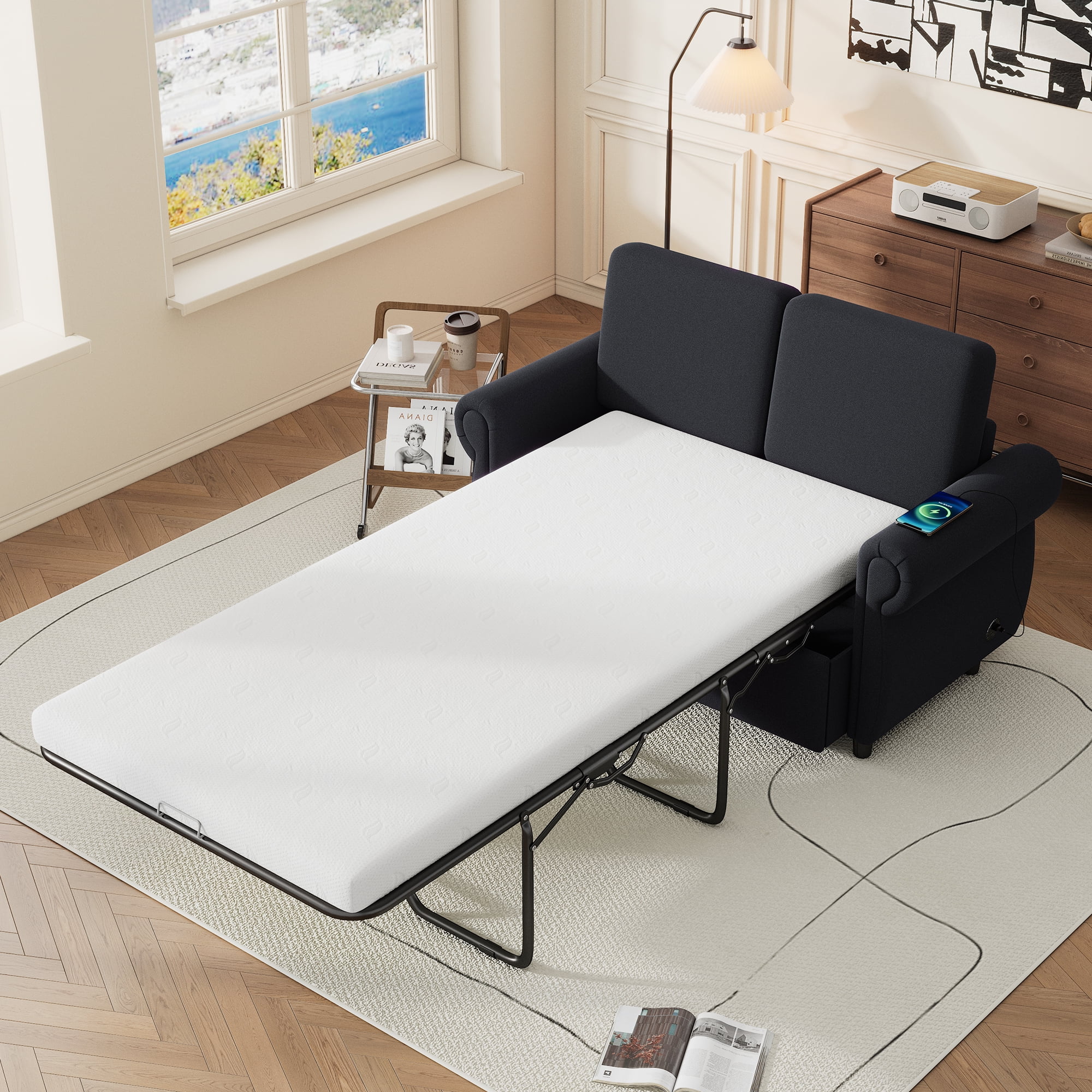 Euroco 57.9" Orisfur Pull Out Sofa Bed Loveseat Sleeper with Twin Size Memory Mattress with Two USB Ports for Living Room Spaces