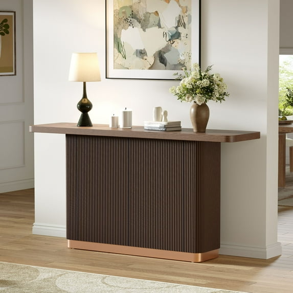 Euroco 58.25" Long Console Table with Fluted Metal Base,Modern Narrow Entryway Table,Accent Sofa Table Behind Couch with Storage for Entrance, Hallway, Living Room, Brown