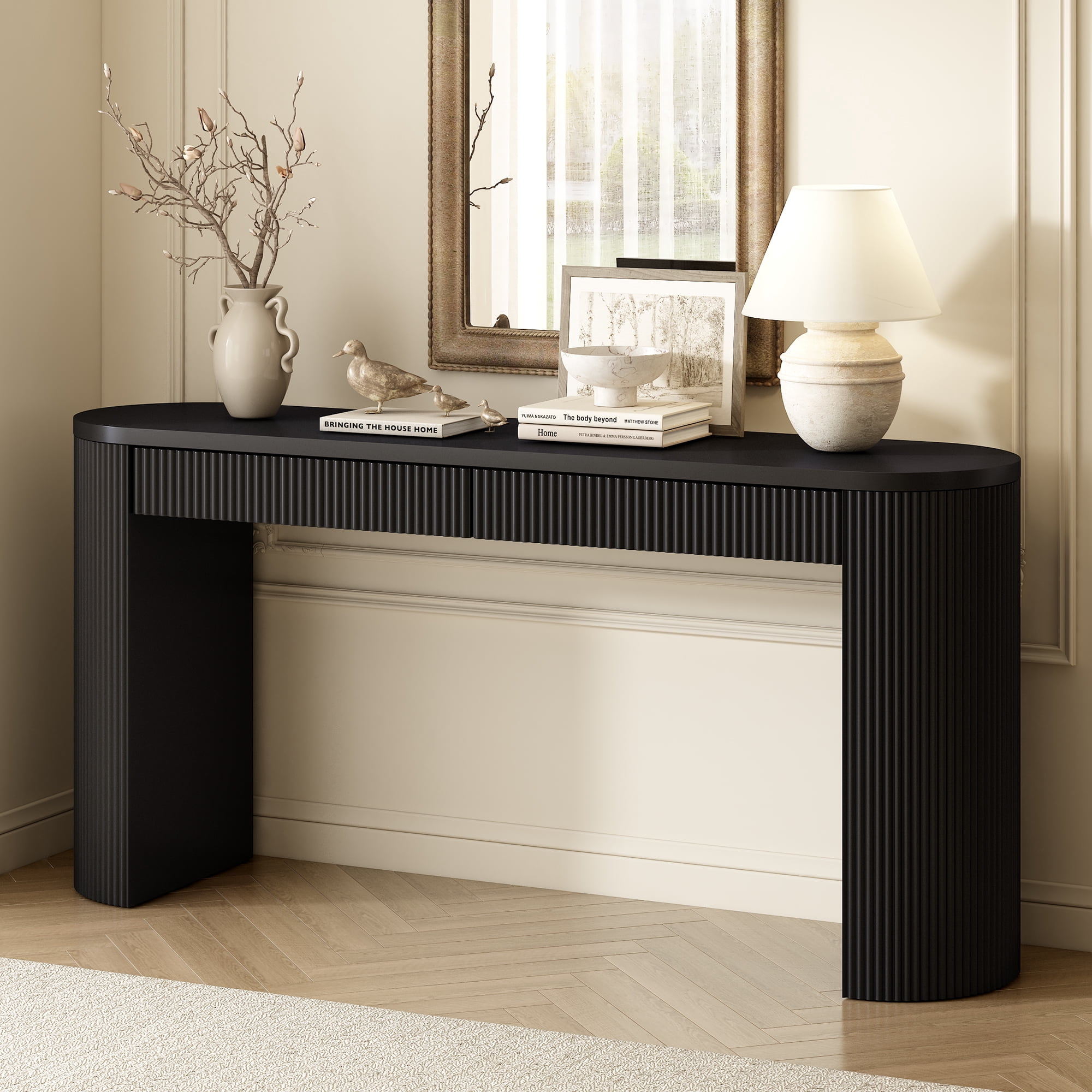 Euroco 58.3" Console Table with 2 Drawers, Narrow Long Sofa Table Behind The Couch, Wood Entryway Table with Adjustable Feet for Living Room, Hallway,Foyer,Black