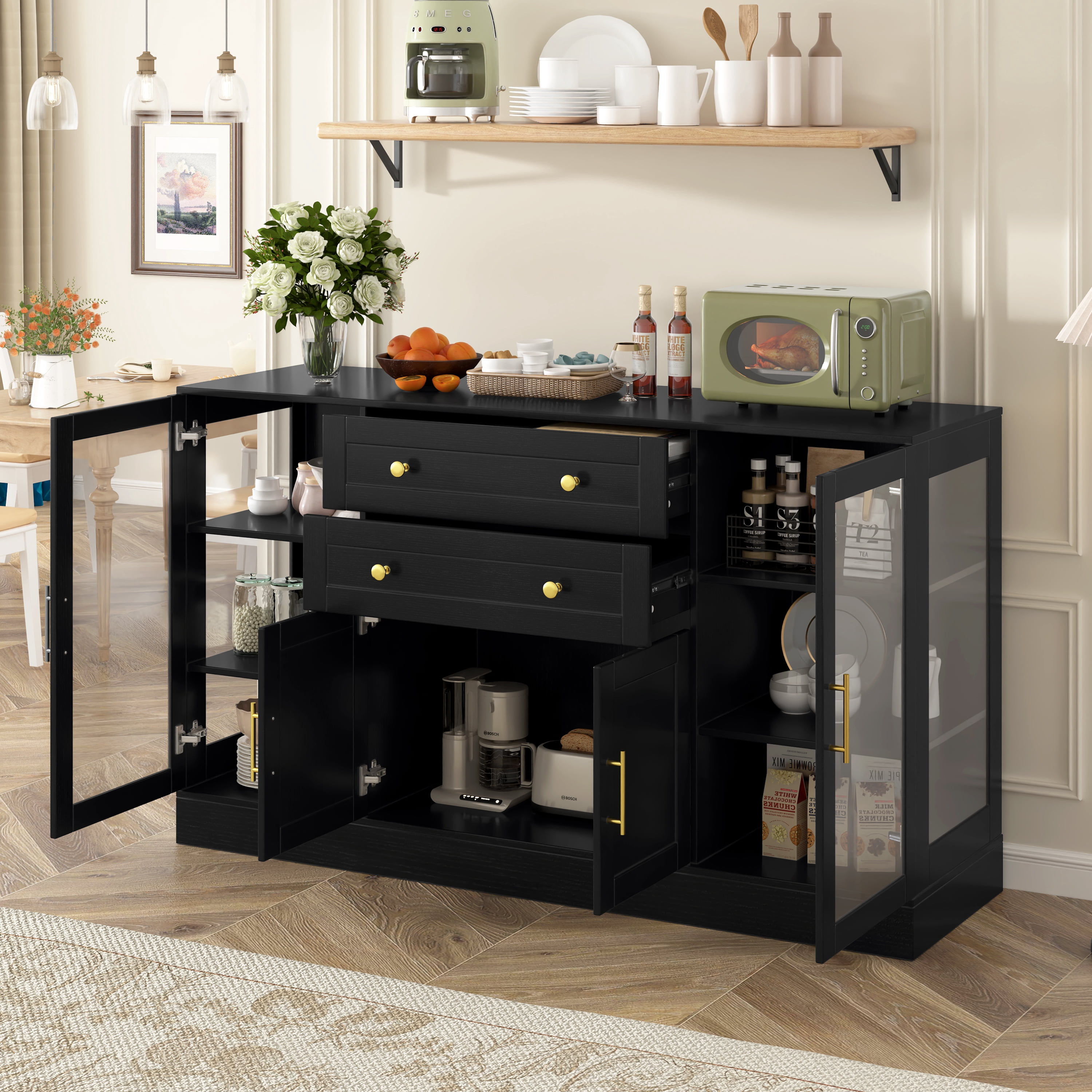 Euroco 58.3" Sideboard Buffet Cabinet with 2 Drawers, Modern Coffee Bar with Adjustable Shelves, Power Outlet & 4 Doors,Credenza Storage Cabinet for Dining Room, Living Room,Black