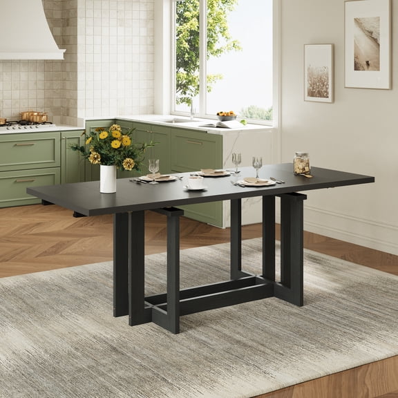 Euroco 58"-82" Extendable Dining Table for 6, Large Rectangular Kitchen Table with Removable Leaves, Solid Wood Rustic Table for Dining Room,Home Office, Living Room,Grey