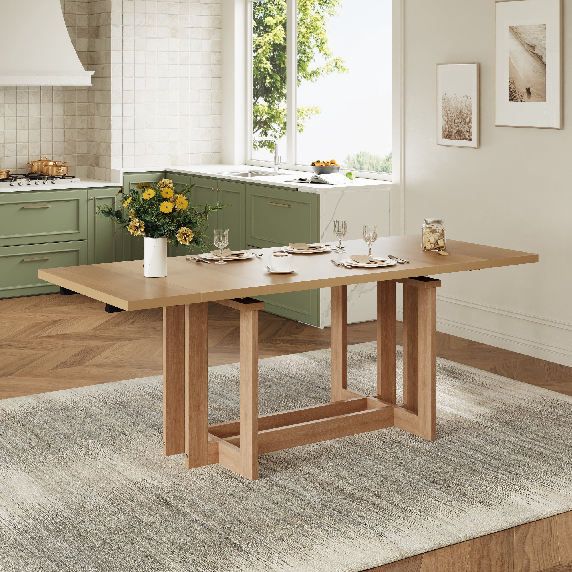 Euroco 58"-82" Extendable Dining Table for 6, Large Rectangular Kitchen Table with Removable Leaves, Solid Wood Rustic Table for Dining Room,Home Office, Living Room,Natural