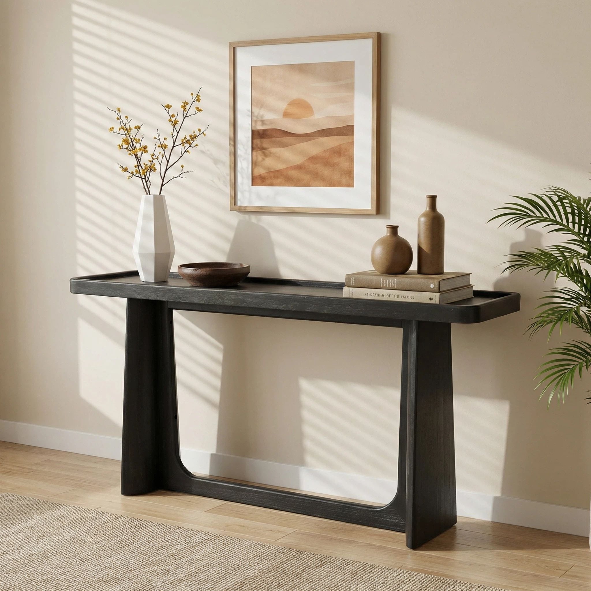 Euroco 58" Console Table with Tray Top Design, Narrow Long Sofa Table with Wood Frame, Farmhouse Entryway Table for Living Room, Hallway,Foyer,Black