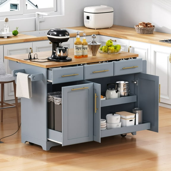 Euroco 59.3" Kitchen Island with 2 Pull Out Cabinet Organizers & Rubber Wood Drop Leaf, Rolling Kitchen Island with Trash Can Storage, Power Outlet, Spice & Towel Rack