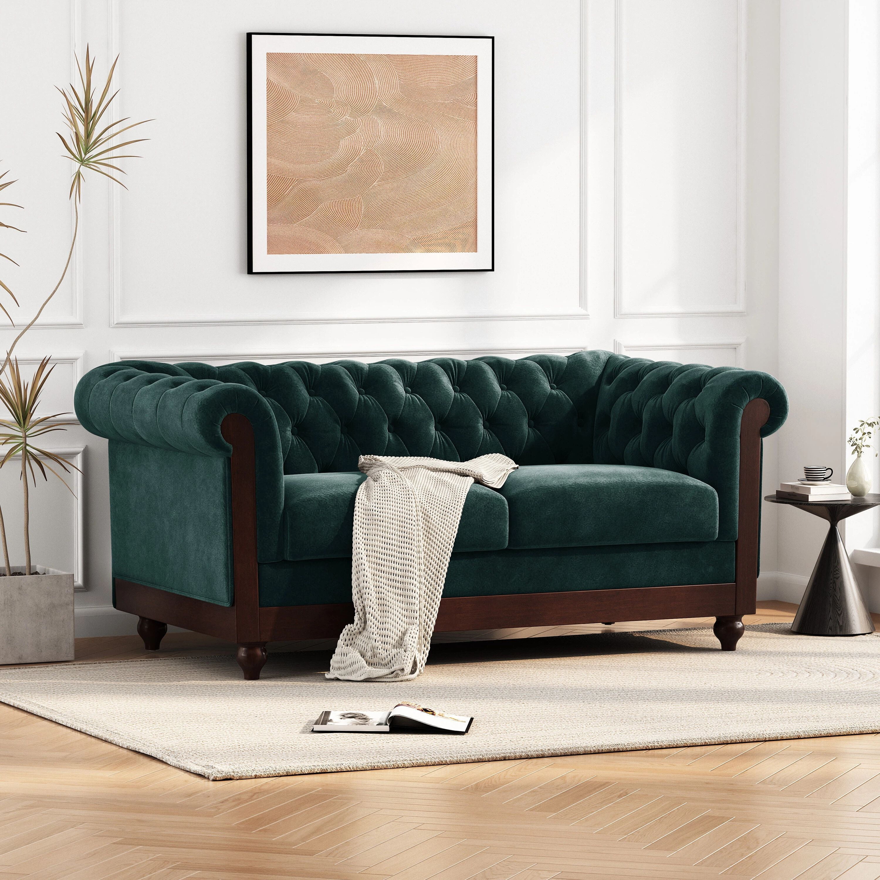 Euroco 59.44" Velvet Chesterfield Loveseat Sofa, Modern Upholstered Sofa Couch with Tufted Button Backrests and Rolled Arms,2 Seater Couch for Living Room,Bedroom, Office, Apartment,Forest Green