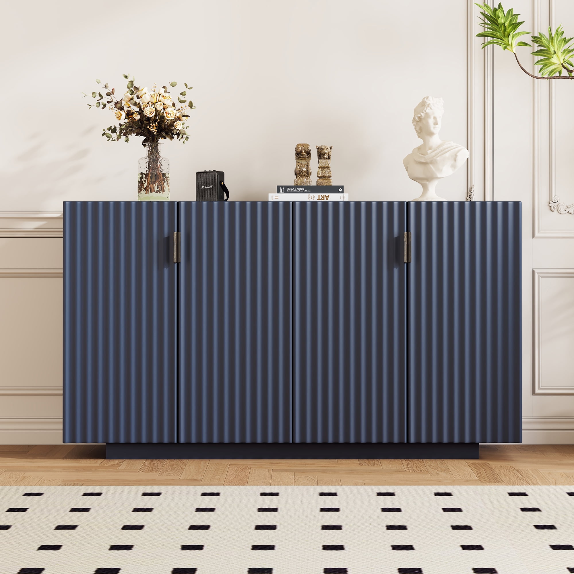 Euroco 59.8" Fluted Buffet Cabinet with Storage, Sideboard Cabinet with 4 Doors and Adjustable Shelves,Wood Coffee Bar Table for Kitchen, Dining Room,Living Room, Navy