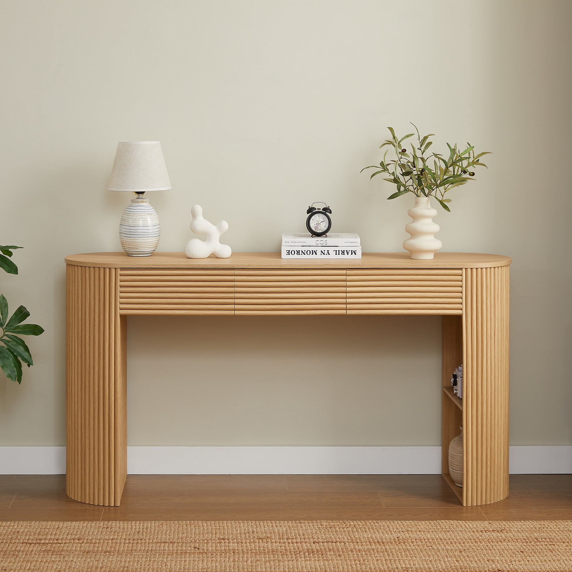 Euroco 59.8" Long Console Table with 3 Drawers,Fluted Entryway Table with Open Storage Shelf, Modern Sofa Table Behind The Couch for Entryway, Hallway, Living Room,Natural