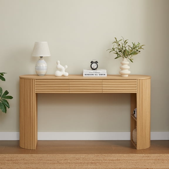 Euroco 59.8" Long Console Table with 3 Drawers,Fluted Entryway Table with Open Storage Shelf, Modern Sofa Table Behind The Couch for Entryway, Hallway, Living Room,Natural