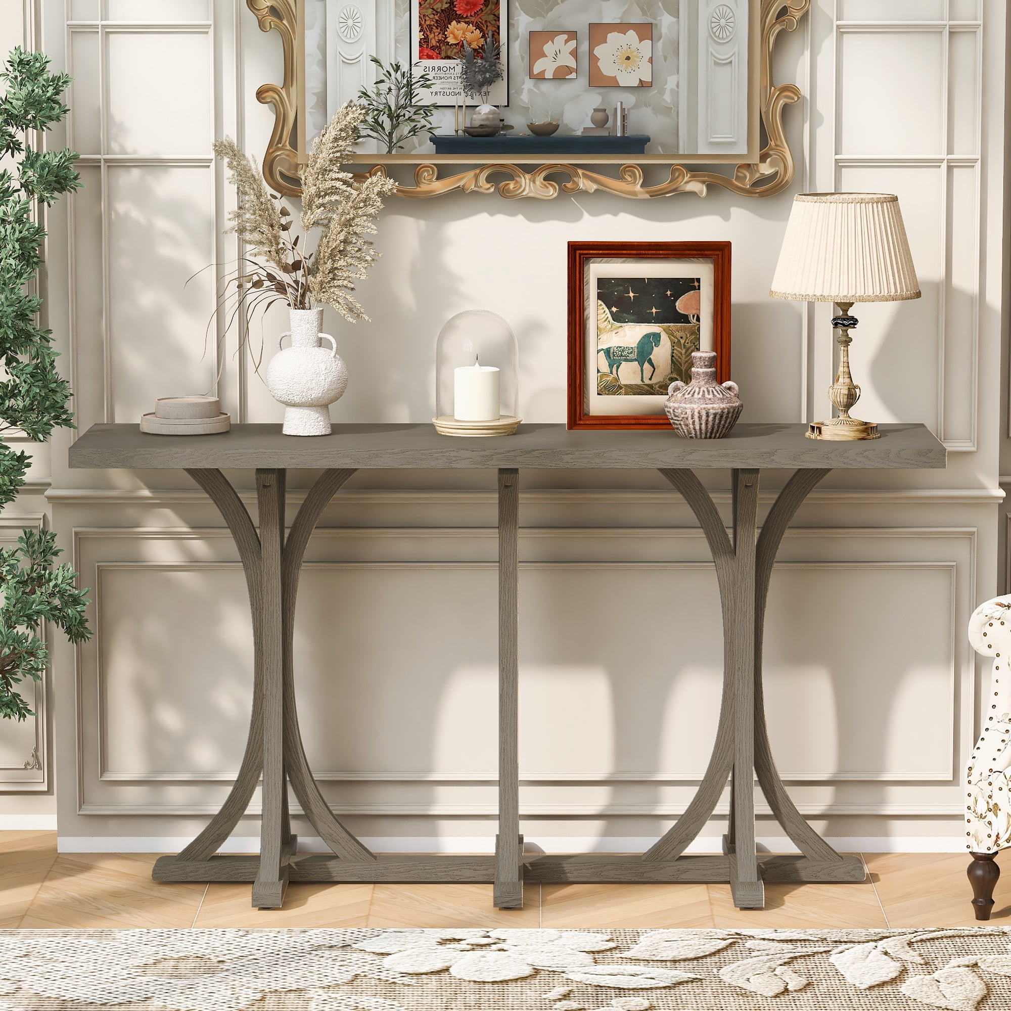 Euroco 59.8" Long Console Table, Farmhouse Entryway Table with Slender Curved Legs, Narrow Sofa Table Behind Couch for Living Room, Hallway,Foyer,Gray