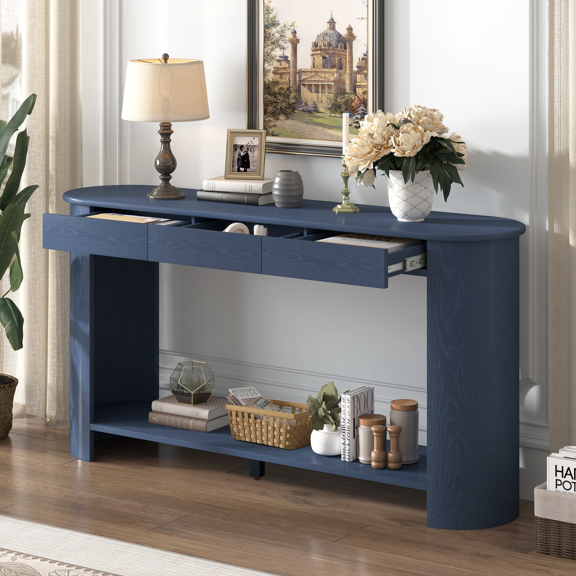 Euroco 59.8" Modern Console Table with 3 Drawers, Wood Sofa Table with Bottom Shelf & Semi-Circular Design,Farmhouse Entryway Table for Living Room,Hallway,Entryway, Foyer, Navy Blue