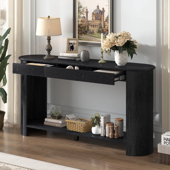 Euroco 59.8" Modern Console Table with 3 Drawers, Wood Sofa Table with Bottom Shelf & Semi-Circular Design,Farmhouse Entryway Table for Living Room,Hallway,Entryway, Foyer, Black
