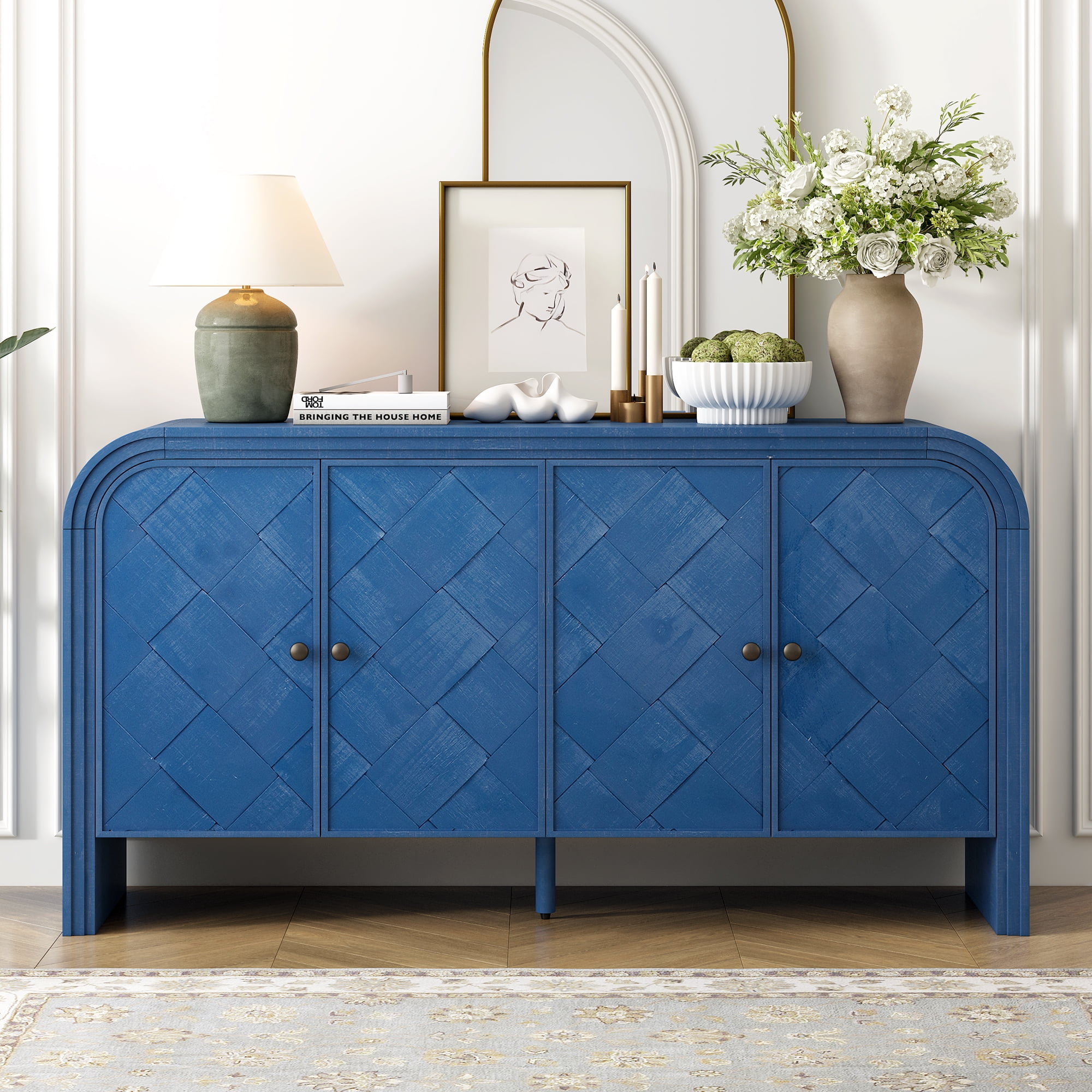 Euroco 59.8" Sideboard Buffet Cabinet,Long Storage Cabinet with Shelves and 4 Doors,Modern Coffee Bar Cabinet for for Dining Room, Living Room,Navy Blue