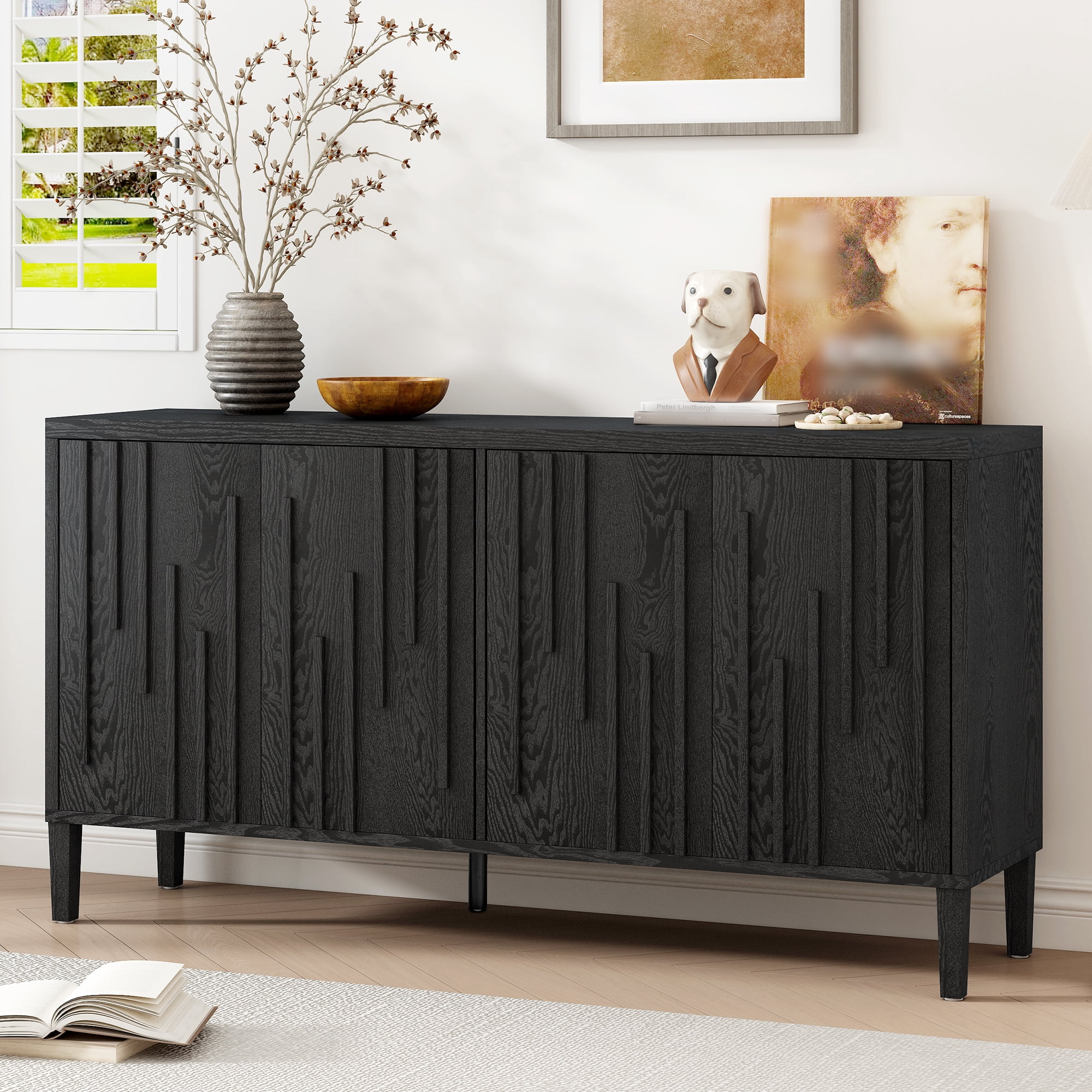 Euroco 59.8" Sideboard Buffet Cabinet,Wood Farmhouse Kitchen Cabinet TV Stand with Storage for Living Room,Hallway,Dining Room,Black