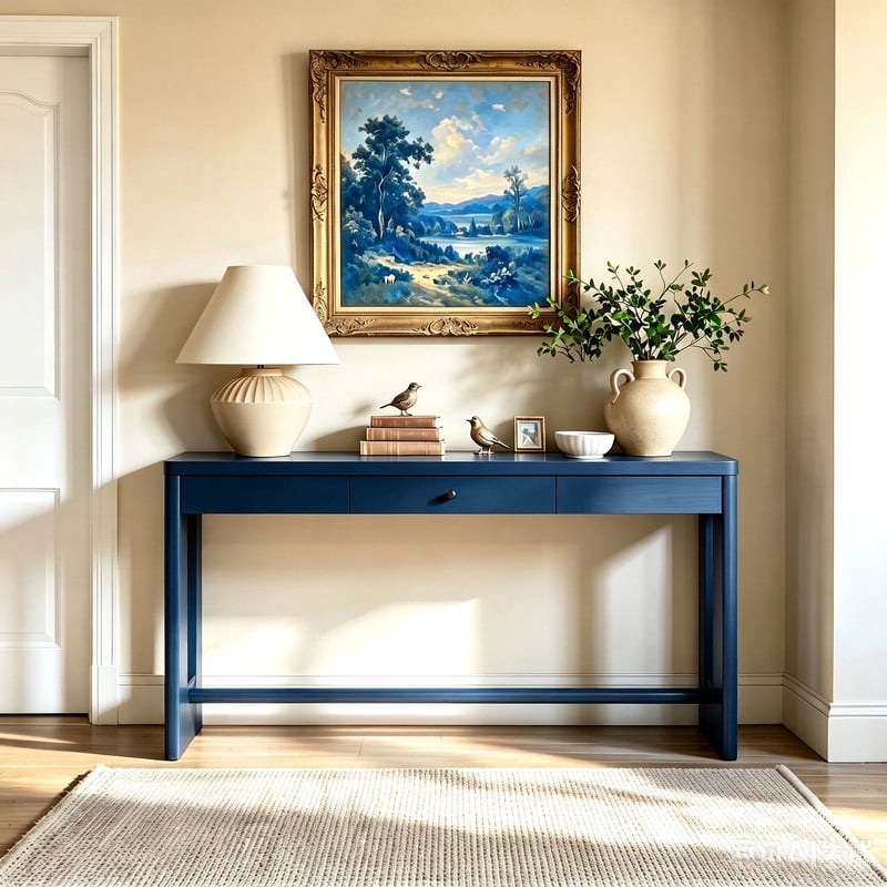 Euroco 59.8" Wood Console Table with Drawer,Modern Narrow Entryway Table with Oval Cutout Leg for Living Room, Foyer,Sofa Table Behind Couch,Navy Blue