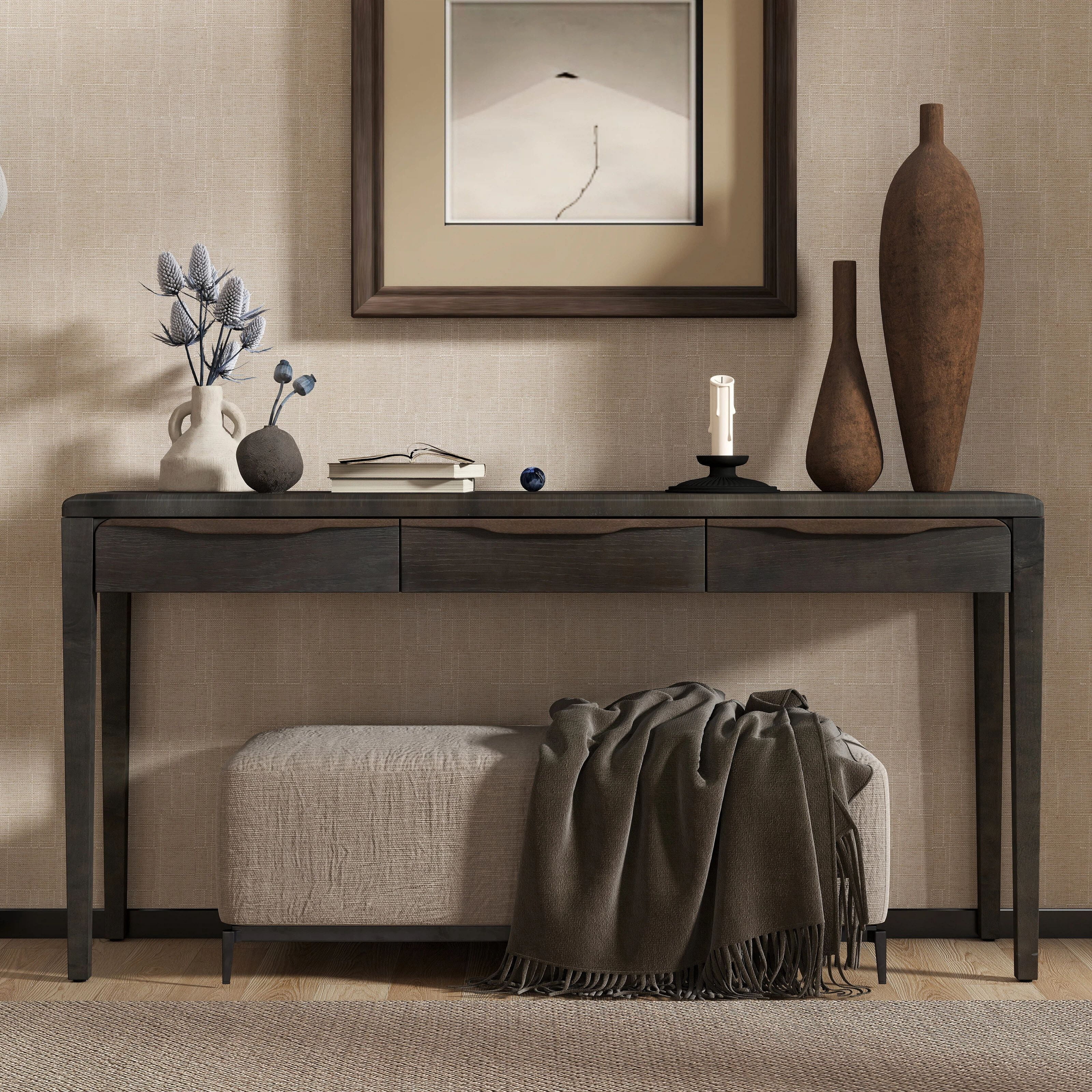 Euroco 59.84" Farmhouse Console Table with 3 Storage Drawers, Light Luxury Entryway Table with Oak Veneer & Soft-Corner Design,Narrow Long Sofa Table Behind Couch for Living Room, Foyer and Hallway