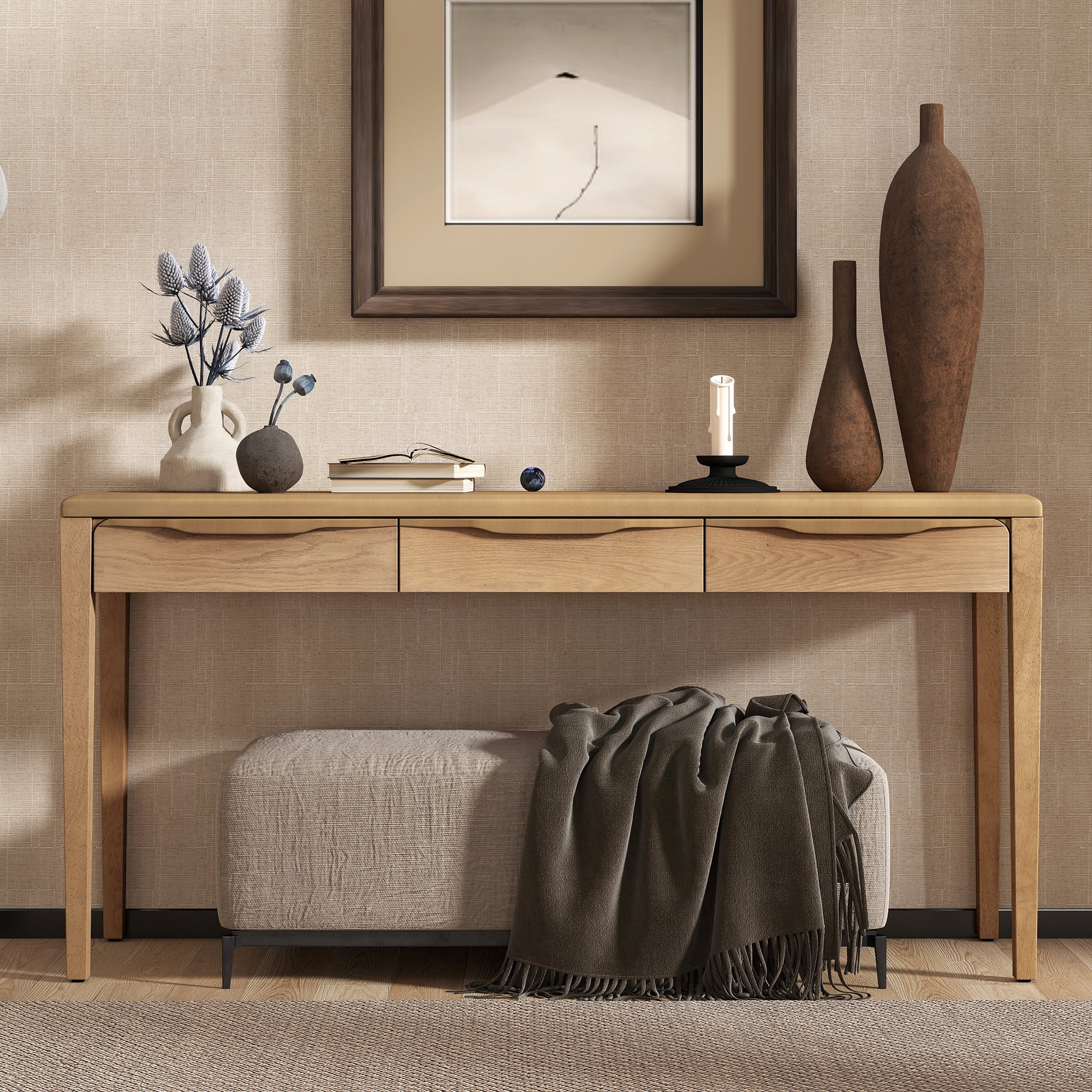 Euroco 59.84" Farmhouse Console Table with 3 Storage Drawers, Light Luxury Entryway Table with Oak Veneer & Soft-Corner Design,Narrow Long Sofa Table Behind Couch for Living Room, Foyer and Hallway
