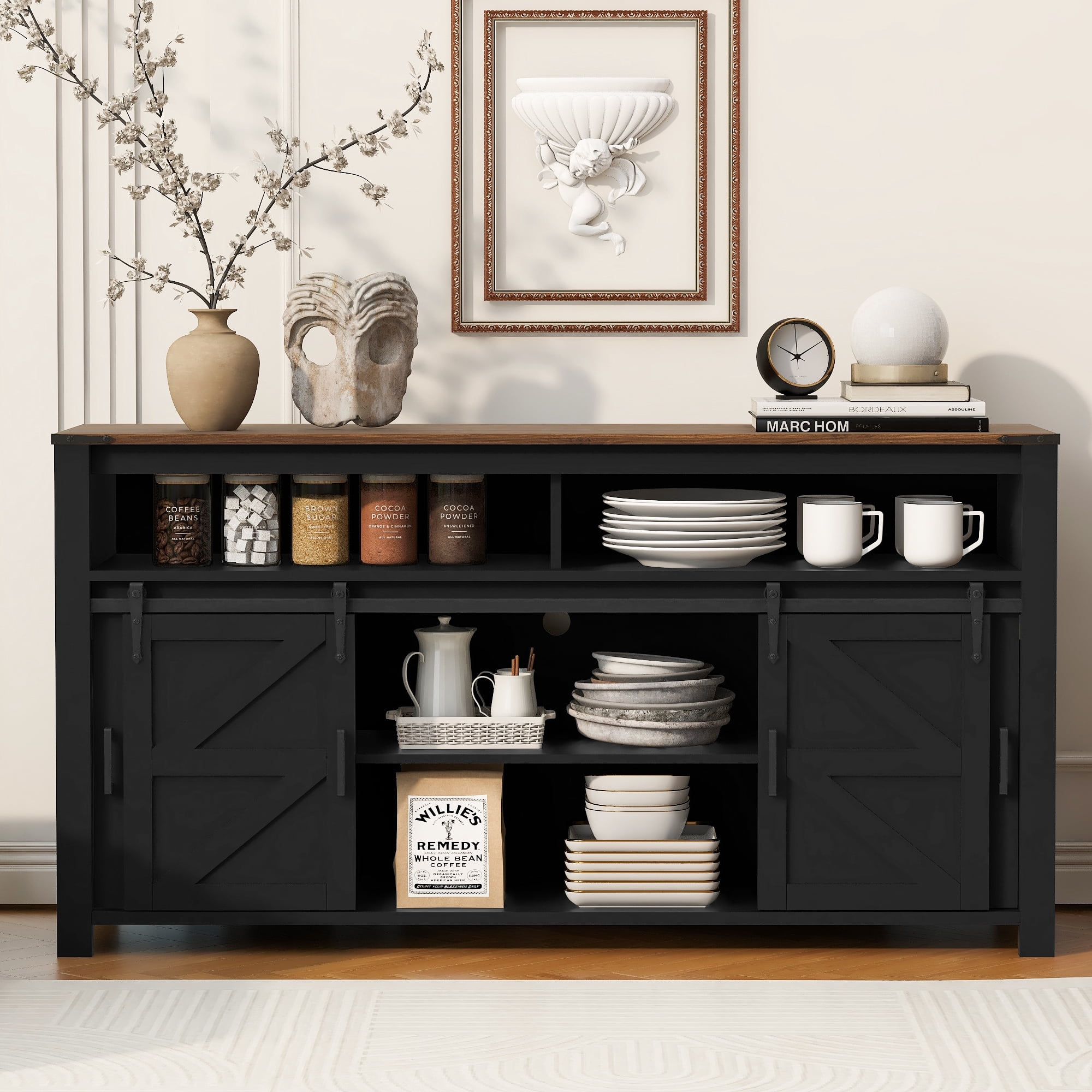 Euroco 59" Buffet Cabinet with Storage, Farmhouse Sideboard Cabinet with Sliding Barn Door and Open Storage Shelf,Wood Coffee Bar Table for Kitchen, Dining Room,Black