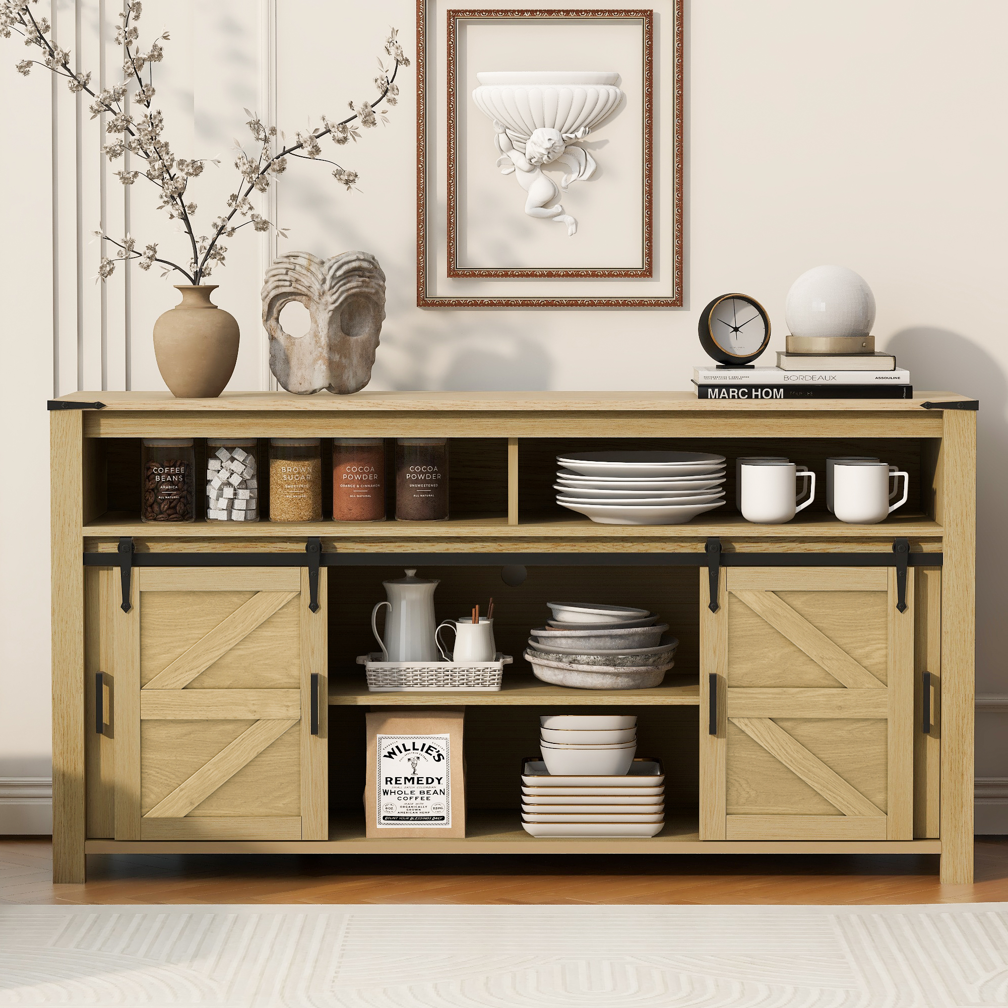 Euroco 59" Buffet Cabinet with Storage, Farmhouse Sideboard Cabinet with Sliding Barn Door and Open Storage Shelf,Wood Coffee Bar Table for Kitchen, Dining Room,Natural