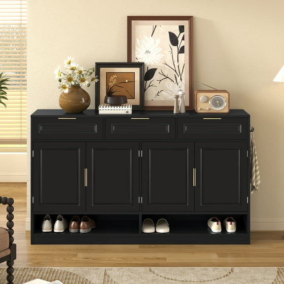 Euroco 59" Large Sideboard Buffet Cabinet with Storage, Farmhouse Multi-Functional Kitchen Storage Cabinet with 3 Drawers,Adjustable Shelf & Side Hook for Kitchen,Living Room,Black