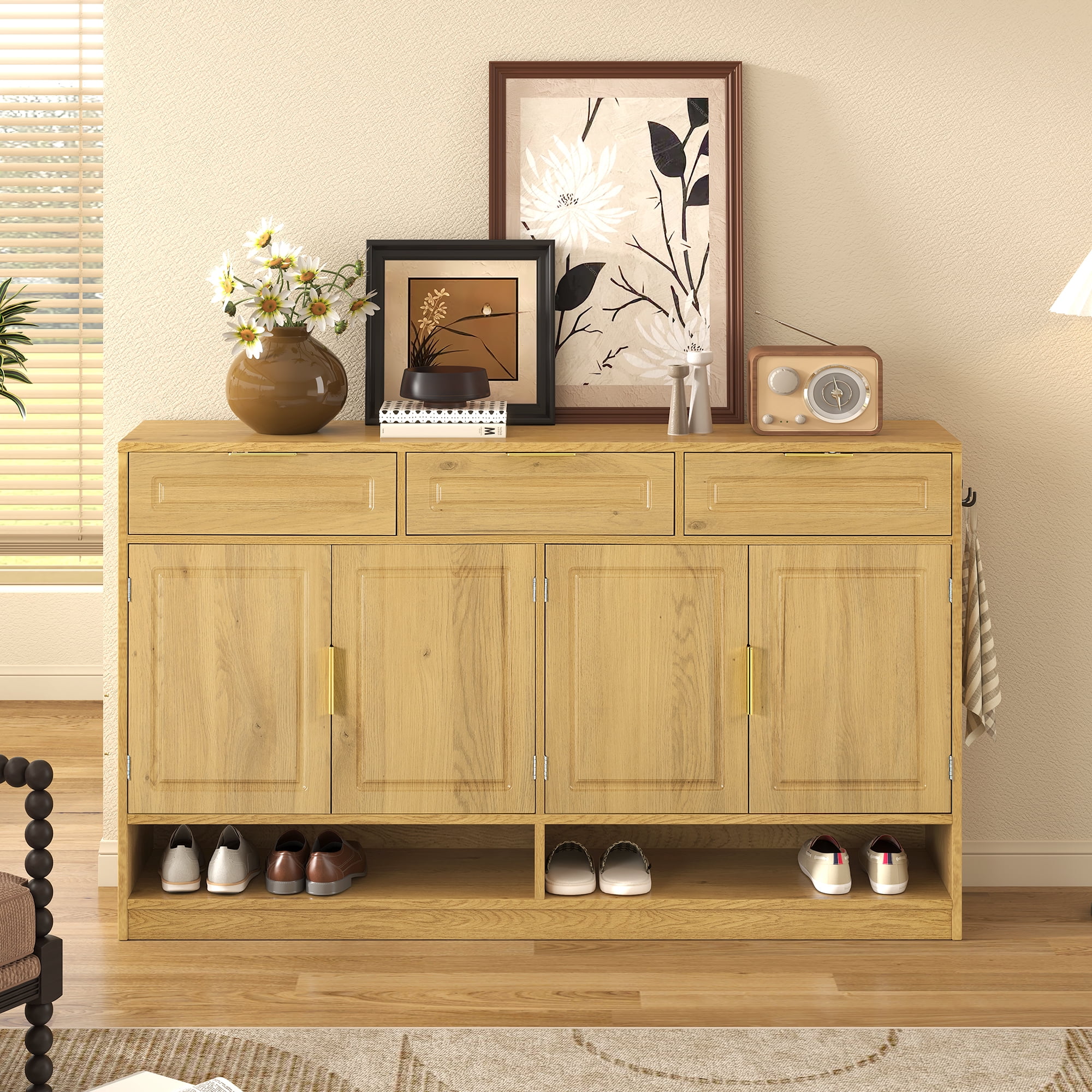 Euroco 59" Large Sideboard Buffet Cabinet with Storage, Farmhouse Multi-Functional Kitchen Storage Cabinet with 3 Drawers,Adjustable Shelf & Side Hook for Kitchen,Living Room,Natural