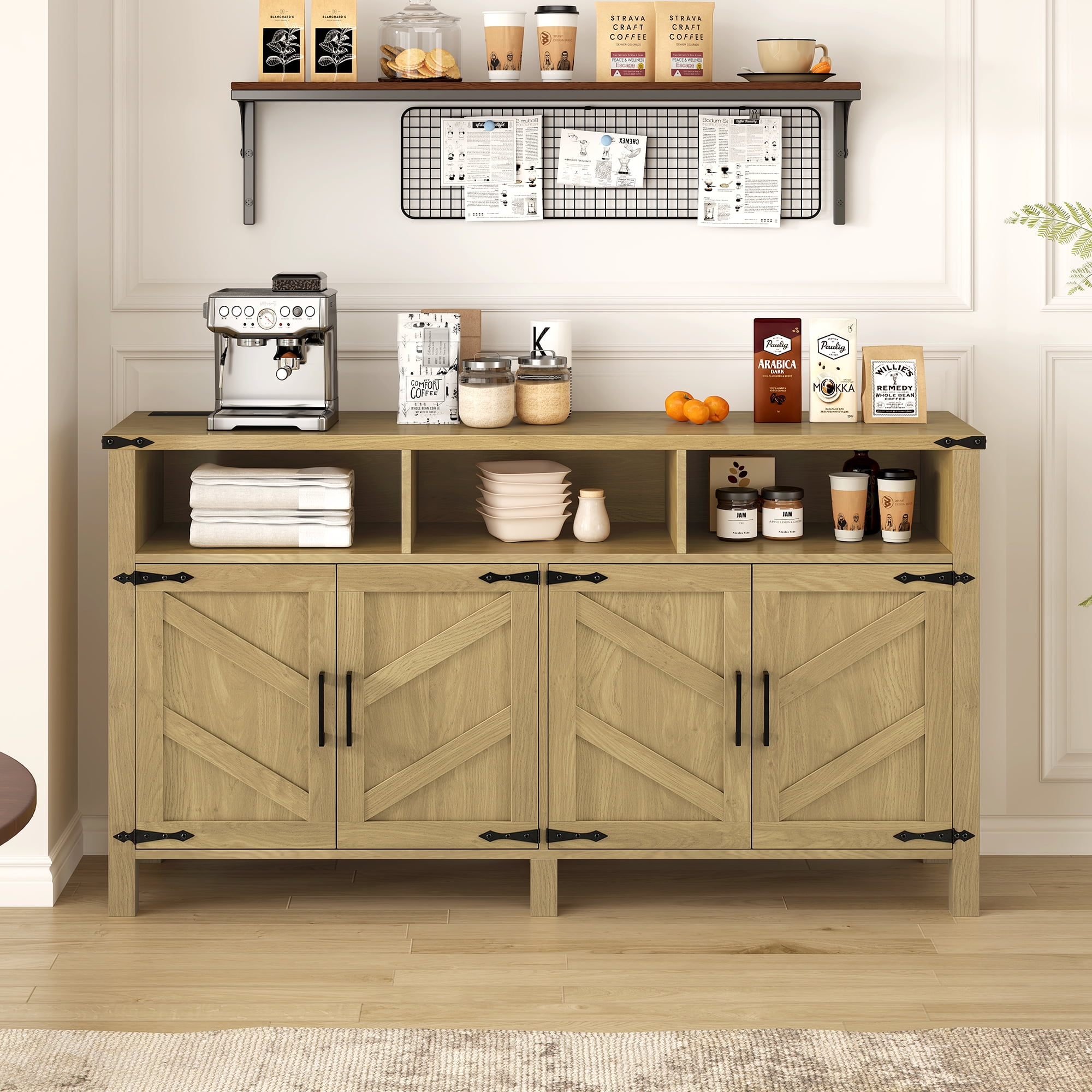 Euroco 59" Large Sideboard Buffet Cabinet with Storage, Wood Coffee Bar Station with Charging Station,Adjustable Shelves and Open Storage Shef for Living Room,Dining Room,Natural