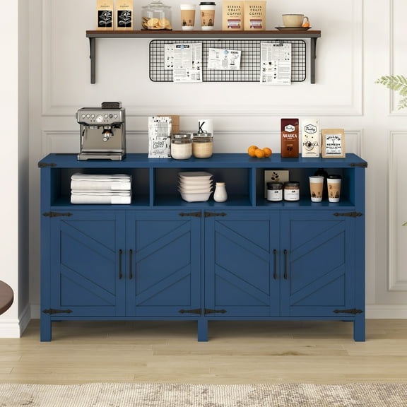 Euroco 59" Large Sideboard Buffet Cabinet with Storage, Wood Coffee Bar Station with Charging Station,Adjustable Shelves and Open Storage Shef for Living Room,Dining Room,Navy Blue