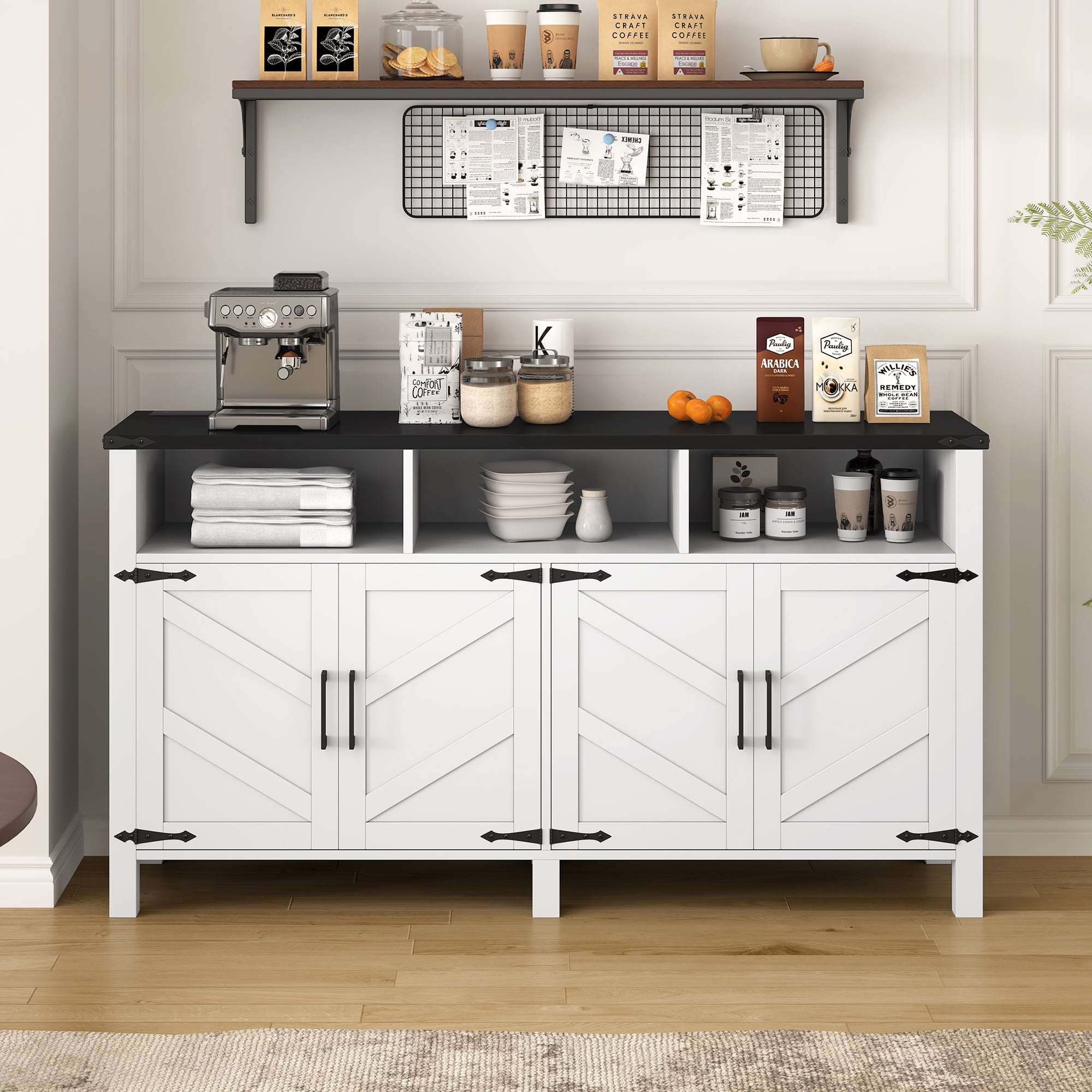 Euroco 59" Large Sideboard Buffet Cabinet with Storage, Wood Coffee Bar Station with Charging Station,Adjustable Shelves and Open Storage Shef for Living Room,Dining Room,White