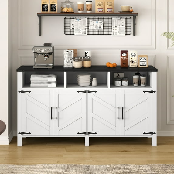 Euroco 59" Large Sideboard Buffet Cabinet with Storage, Wood Coffee Bar Station with Charging Station,Adjustable Shelves and Open Storage Shef for Living Room,Dining Room,White