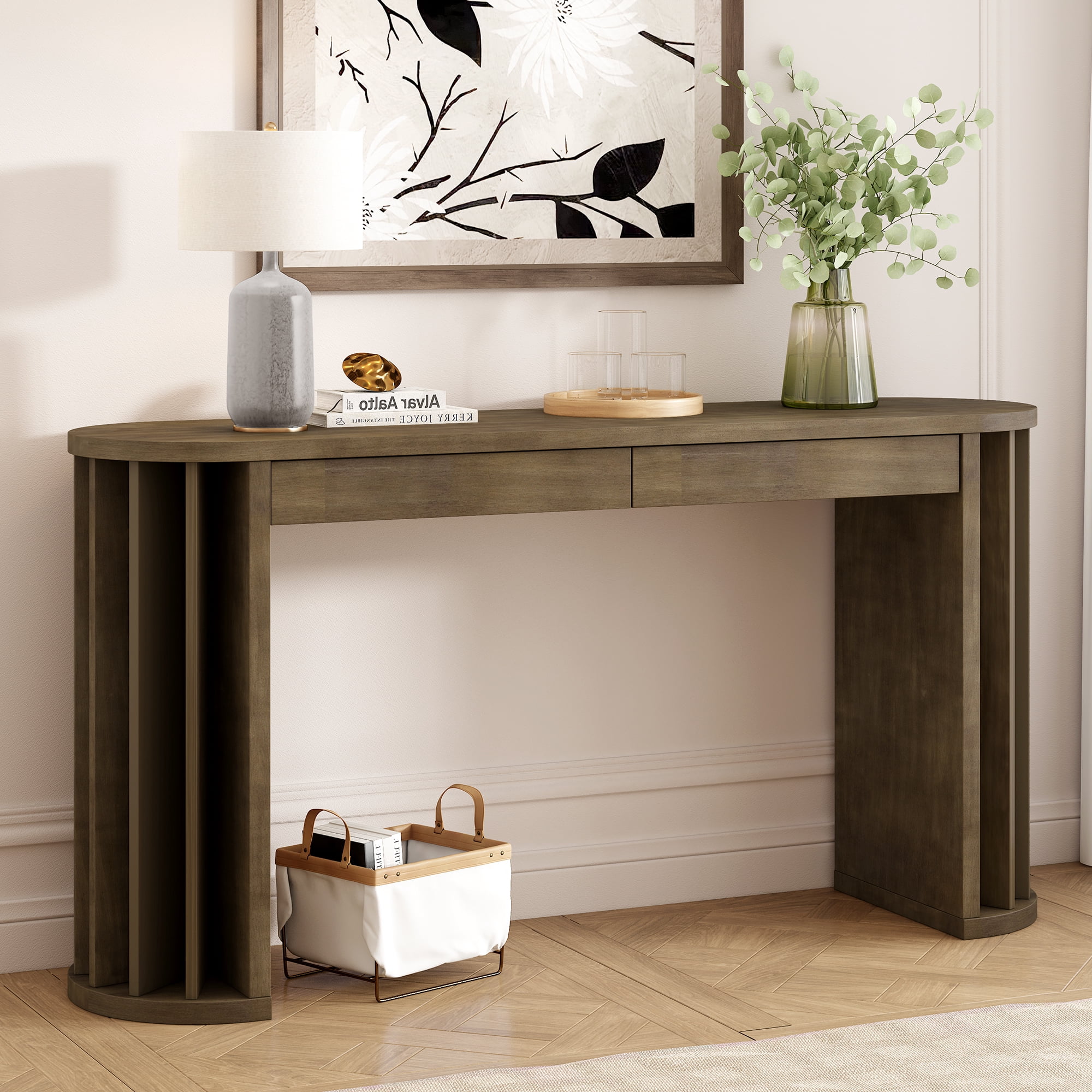 Euroco 59" Long Console Table with 2 Drawers,Farmhouse Narrow Sofa Table Entryway Table with Curved and Straight Line for Entrance,Living Room,Hallway,Natural