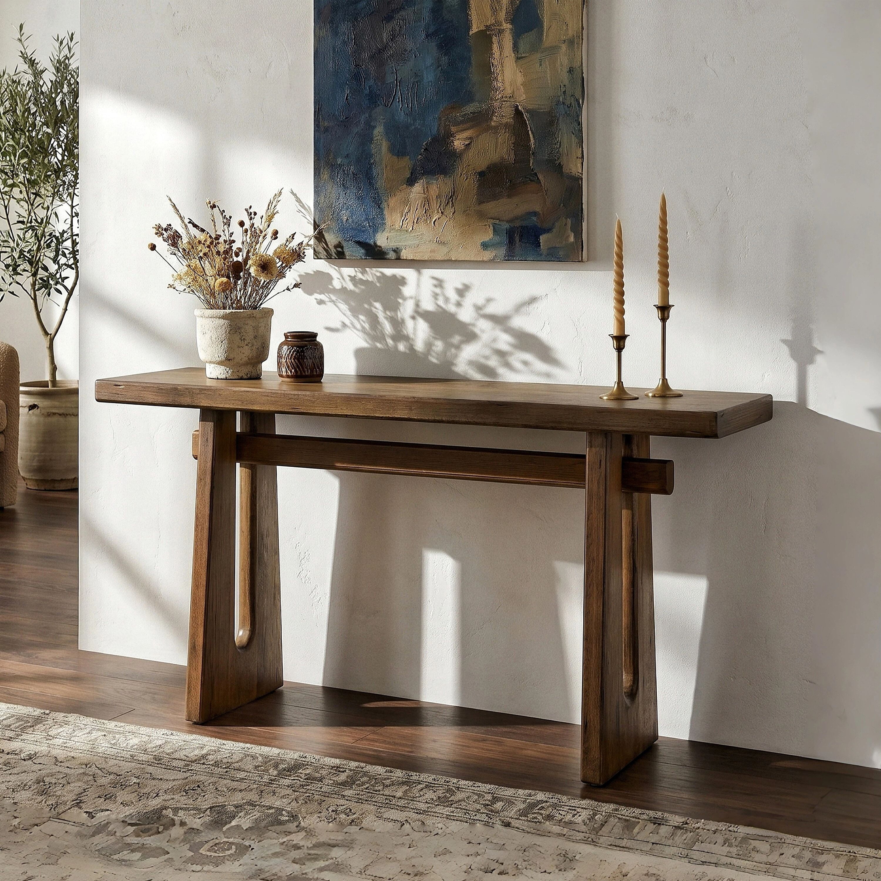Euroco 59" Solid Wood Console Table, Modern Sofa Table Behind Couch, Narrow Entryway Table with Geometric Silhouette for Living Room,Hallway,Walnut Brown