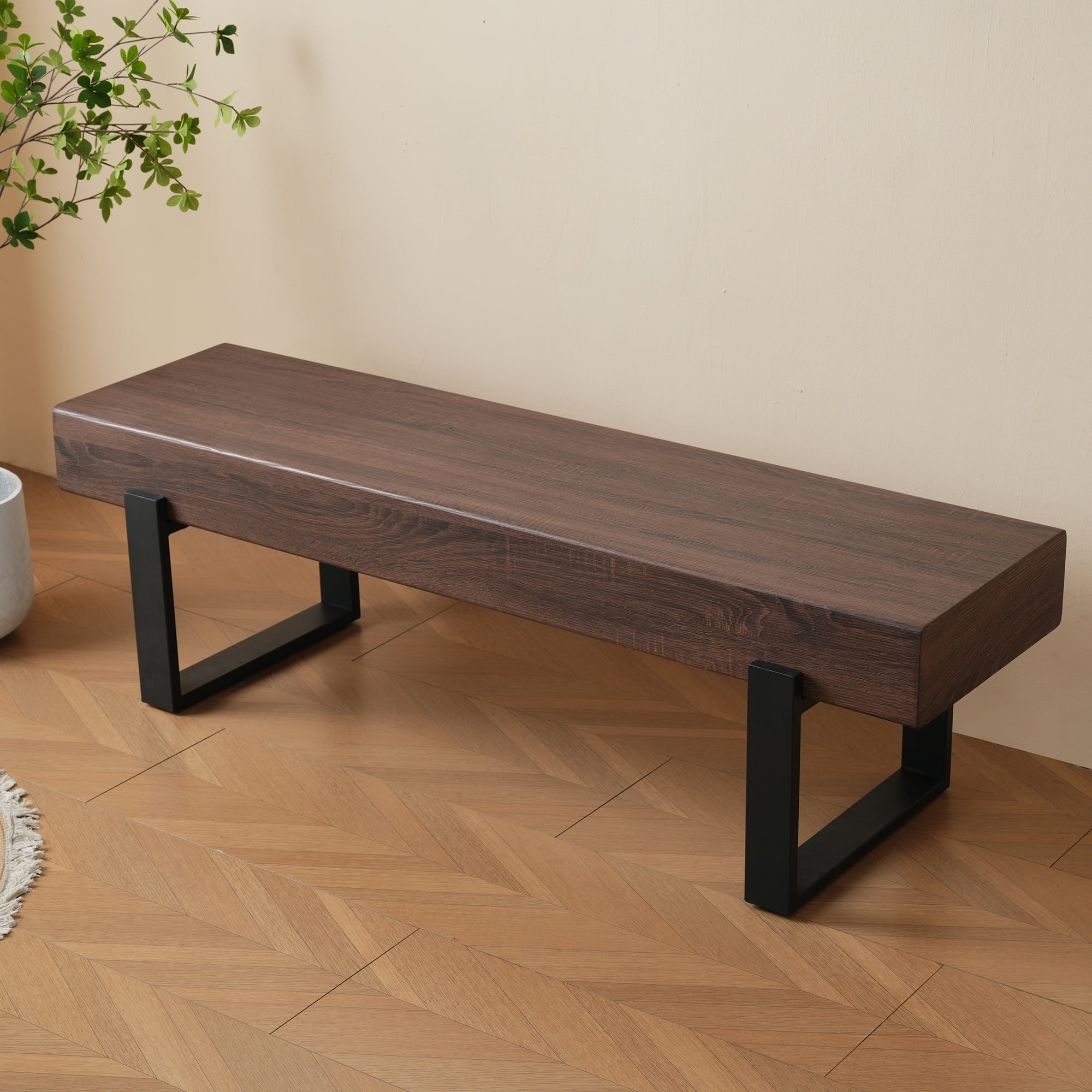 Euroco 59" Solid Wood Entryway Bench with Shoe Storage, Mid-Century Modern Shoe Bench,Hallway Foyer Seating Bench for Bedroom Living Room,Dark Walnut