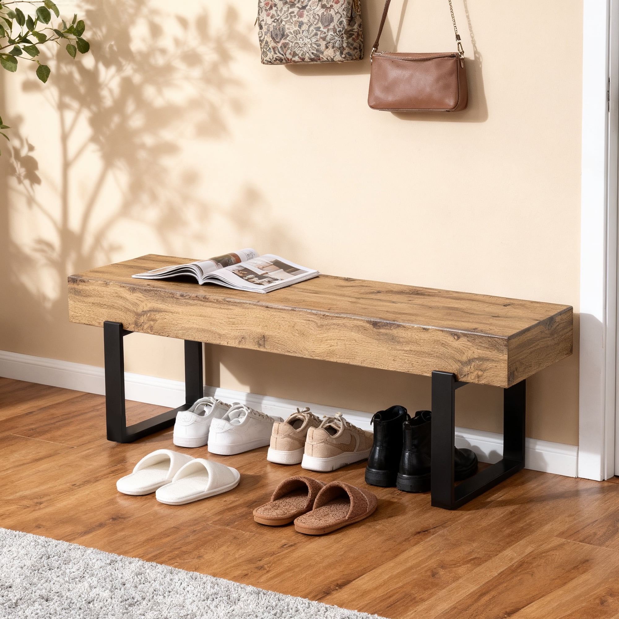 Euroco 59" Solid Wood Entryway Bench with Shoe Storage, Mid-Century Modern Shoe Bench,Hallway Foyer Seating Bench for Bedroom Living Room,Natural