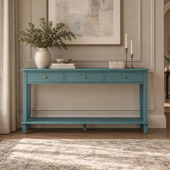 Euroco 59" Wood Console Table with 3 Drawers, Farmhouse Entryway Table with Open Storage Shelf, Sofa Table Behind Couch for Living Room, Hallway,Foyer,Teal