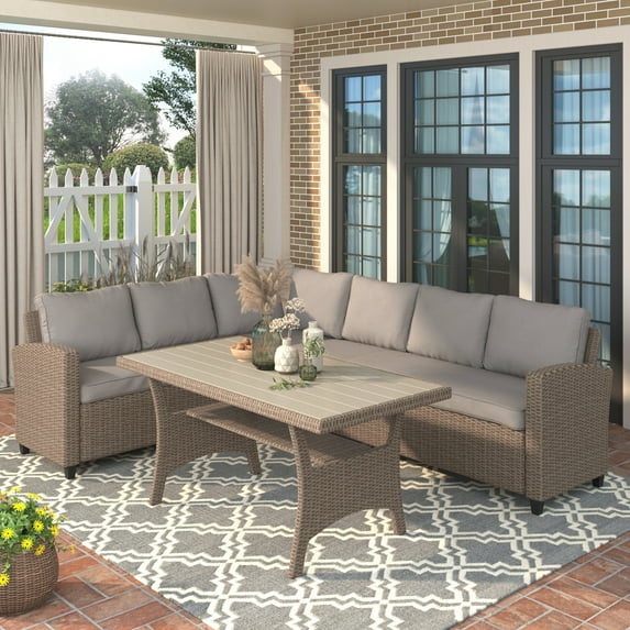 Euroco 6 Persons Patio Seating Set with Table, Wicker Conversation Set Sectional Sofa Set, Brown