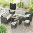 thumbnail image 1 of Euroco 6-Piece All Weather Outdoor Rattan Sofa Set, Patio Wicker Sectional Furniture Set with Glass Top Table, Storage Box, for 7 Persons, Beige, 1 of 9