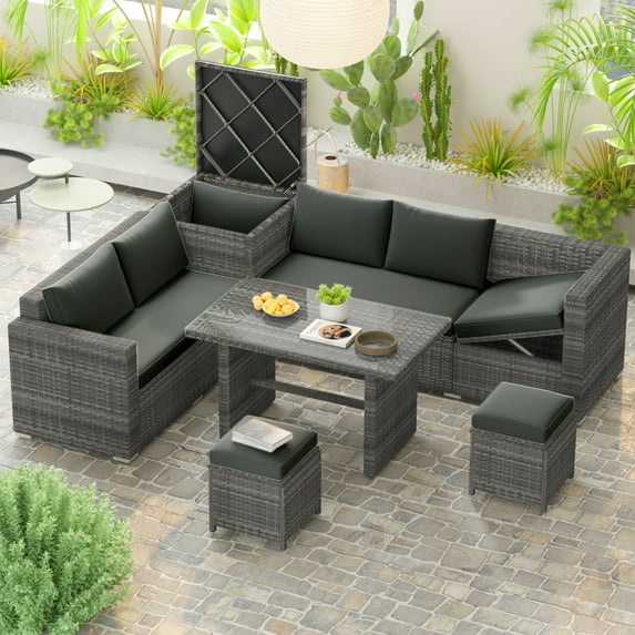 Euroco 6-Piece All Weather Outdoor Rattan Sofa Set, Patio Wicker Sectional Furniture Set with Glass Top Table, Storage Box, for 7 Persons, Gray