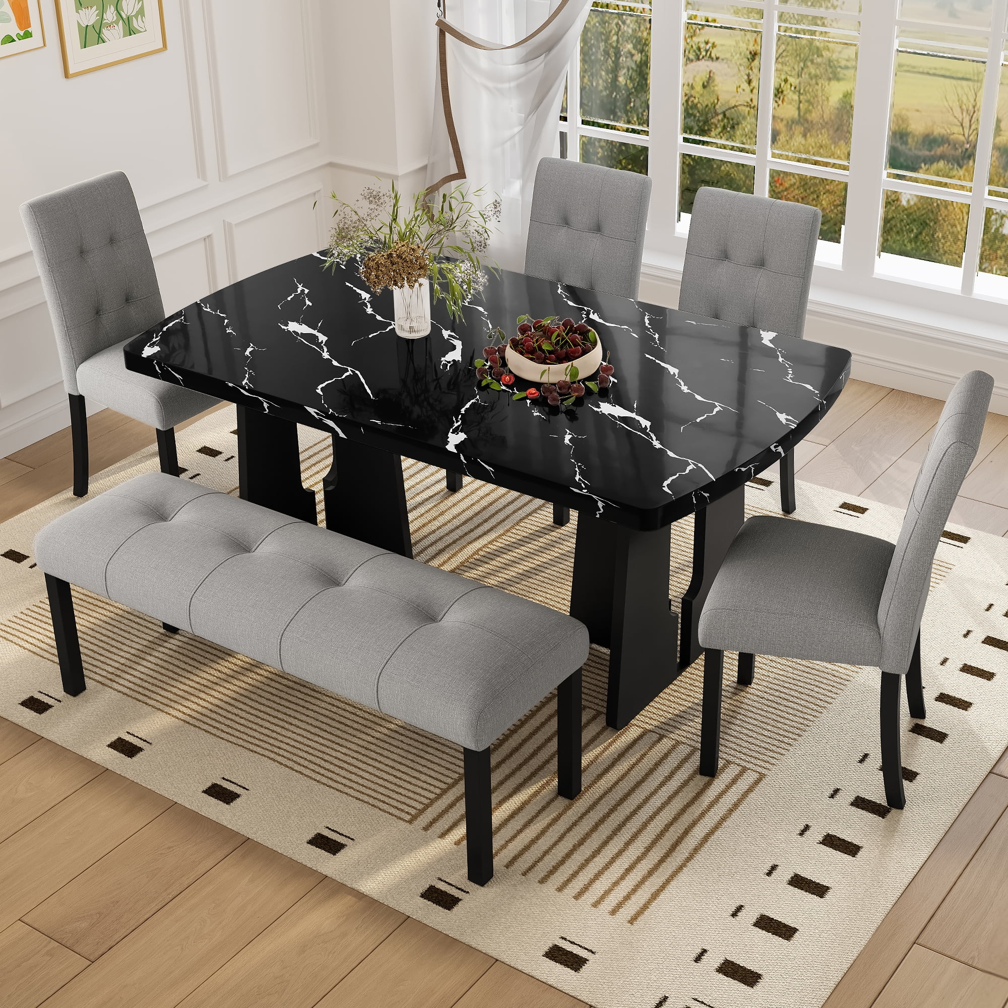Euroco 6 Piece Dining Table Set for 6, 63" Modern Faux Marble Kitchen Table & 4 Upholstered Chairs Set with Solid Wood Frame and 1 Bench,Suitable for Dining Room,Home,Black + Gray