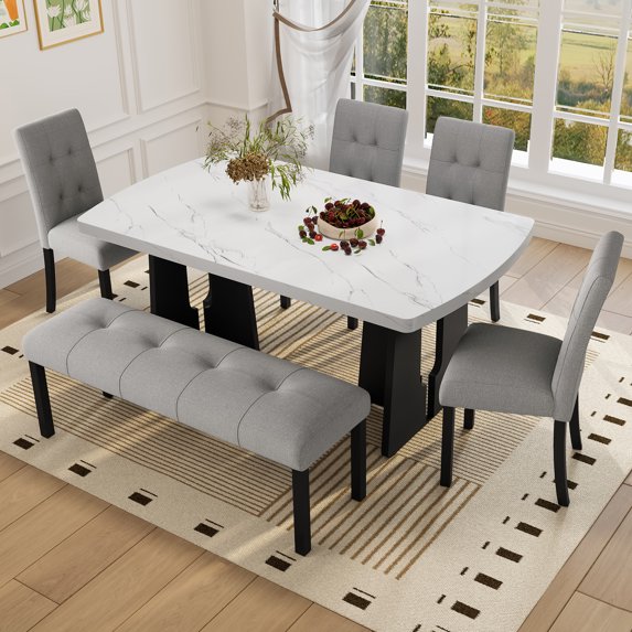 Euroco 6 Piece Dining Table Set for 6, 63" Modern Faux Marble Kitchen Table & 4 Upholstered Chairs Set with Solid Wood Frame and 1 Bench,Suitable for Dining Room,Home,White + Gray