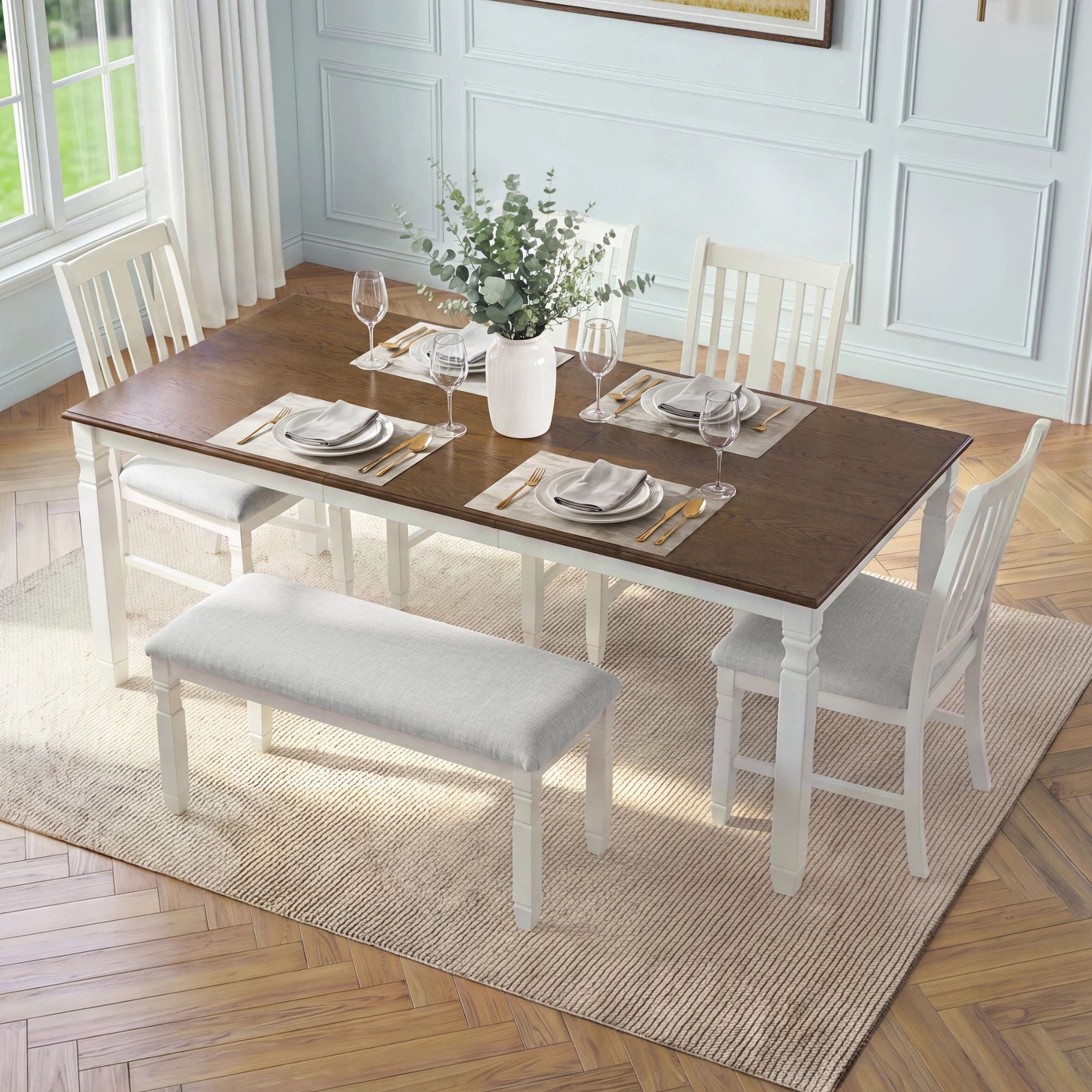 Euroco 6-Piece Dining Table Set for 6, Extendable Kitchen Table Set with 4 Upholstered Chairs and 1 Bench,Farmhouse Dining Set for Small Space, Easy Assembly,Brown + Beige
