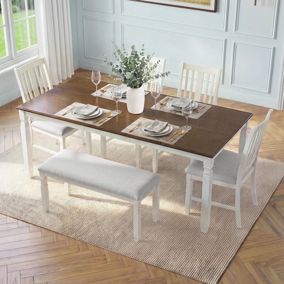 Euroco 6-Piece Dining Table Set for 6, Extendable Kitchen Table Set with 4 Upholstered Chairs and 1 Bench,Farmhouse Dining Set for Small Space, Easy Assembly,Brown Beige