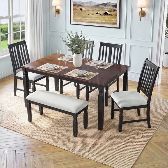 Euroco 6-Piece Dining Table Set for 6, Extendable Kitchen Table Set with 4 Upholstered Chairs and 1 Bench,Farmhouse Dining Set for Small Space, Easy Assembly,Espresso+Black
