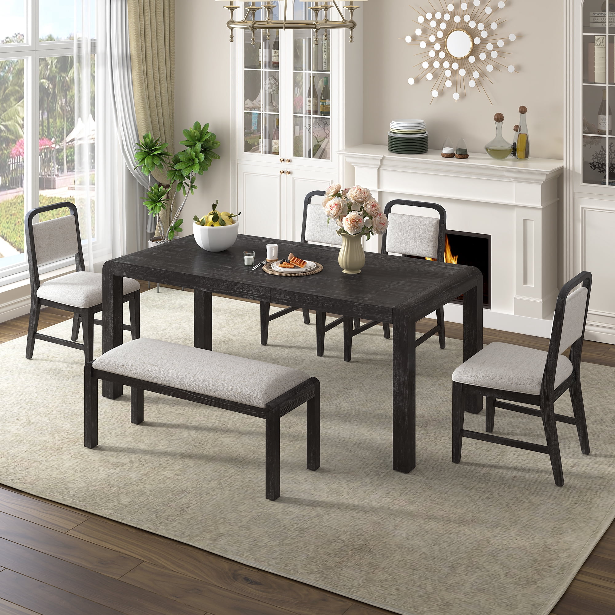 Euroco 6 Piece Extendable Dining Table Set for 4-6, Retro Kitchen Table Set with Curved Design and 4 Upholstered Chairs, Dining Furniture Set for Kitchen Living Room,Espresso