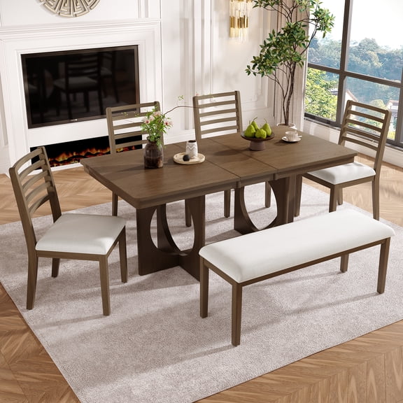Euroco 6 Piece Extendable Dining Table Set for 6, 60-72 Inch Wood Kitchen Table with 4 Chairs and Bench,Farmhouse Dining Room Table Set for Small Space,Espresso