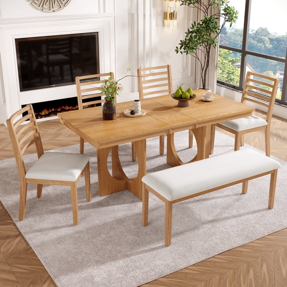 Euroco 6 Piece Extendable Dining Table Set for 6, 60-72 Inch Wood Kitchen Table with 4 Chairs and Bench,Farmhouse Dining Room Table Set for Small Space,Natural
